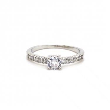 Faith Sterling Silver Round CZ Solitaire with Double CZ Shoulders Ring