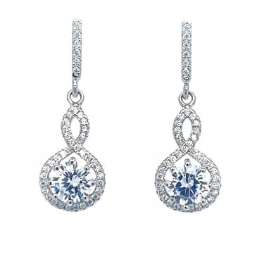 Faith Sterling Silver Round CZ with Halo & Twist Drop Earrings 2.7 x 1cm 