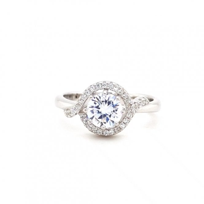 Faith Sterling Silver  Round CZ with Halo & Twist Shoulders Ring