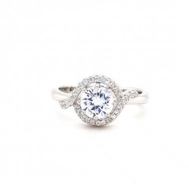 Faith Sterling Silver Round CZ with Halo & Twist Shoulders Ring