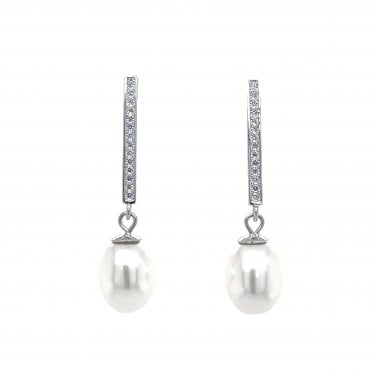 Faith Sterling Silver Rubover CZ Bar & Pearl Drop Earrings 3.2 x 0.8cm