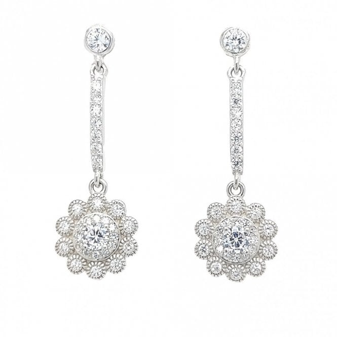 Faith Sterling Silver  Rubover CZ Stud with CZ Bar Link & Flower Cluster Drop Earrings 3.2 x 1cm 