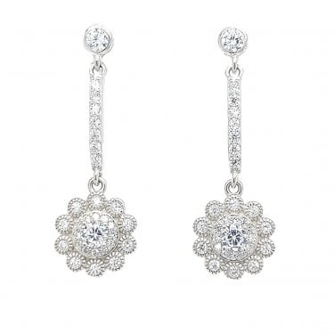 Faith Sterling Silver Rubover CZ Stud with CZ Bar Link & Flower Cluster Drop Earrings 3.2 x 1cm 