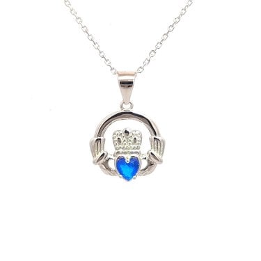 Faith Sterling Silver September Birthstone Claddagh Necklace 1.4 x 1.3cm, 16-18"