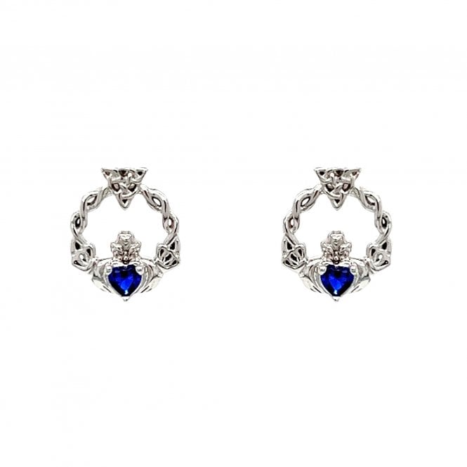 Faith Sterling Silver  September Birthstone Claddagh with Celtic Knot Detail Stud Earrings 0.9 x 1.1cm