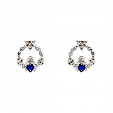 Faith Sterling Silver September Birthstone Claddagh with Celtic Knot Detail Stud Earrings 0.9 x 1.1cm