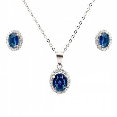 Faith Sterling Silver September Birthstone CZ Oval Halo Necklace & Earrings Set 0.7 x 0.9cm, 0.9 x 1.1cm 16-18"