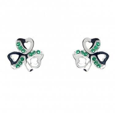 Faith Sterling Silver Shamrock with Green CZ Stud Earrings 0.9 x 0.8cm 