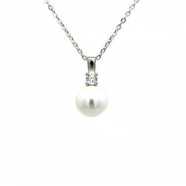 Faith Sterling Silver Single CZ with Pearl Necklace 1 x 1.5cm, 16-18"
