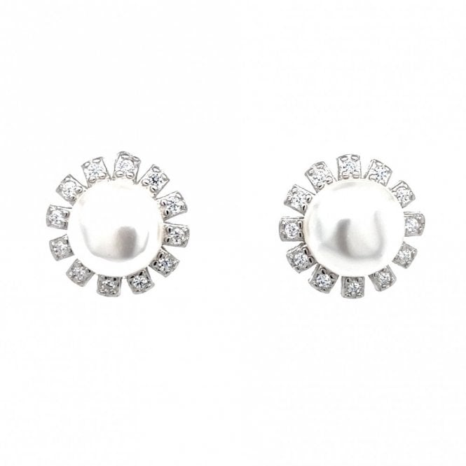 Faith Sterling Silver  Single Round Pearl CZ Petal Style Halo Stud Earrings 1 x 1cm 