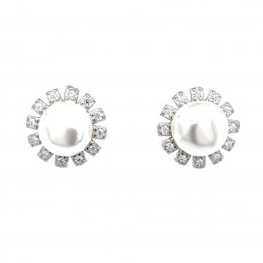 Faith Sterling Silver Single Round Pearl CZ Petal Style Halo Stud Earrings 1 x 1cm 