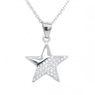 Sterling Silver 3/4 Pave CZ Star Necklace 14x15mm, 16-18"