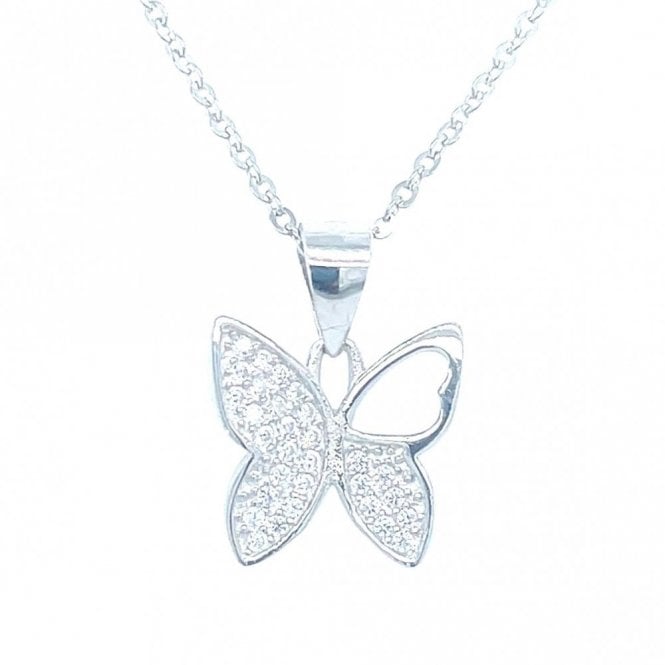 Faith Sterling Silver Sterling Silver 3 CZ Pave Wing & 1 Cutout Wing Butterfly Necklace 12mm, 16-18