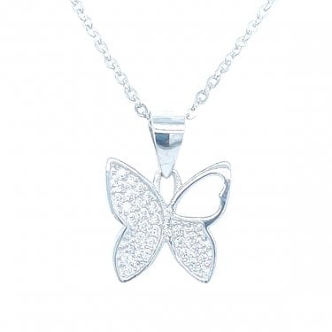 Sterling Silver 3 CZ Pave Wing & 1 Cutout Wing Butterfly Necklace 12mm, 16-18"