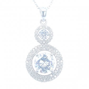 Sterling Silver 4 Claw Round Stone with Double CZ Halo Necklace 24x15mm, 16-18"