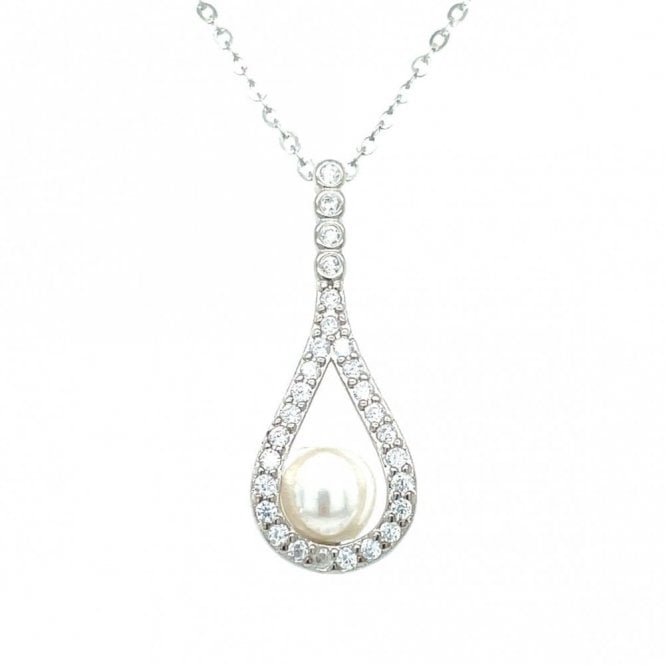 Faith Sterling Silver Sterling Silver 4 CZ Rubover Drop with CZ Pear Outline & Single Pearl Necklace 24x9mm, 16-18