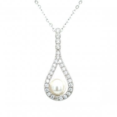 Sterling Silver 4 CZ Rubover Drop with CZ Pear Outline & Single Pearl Necklace 24x9mm, 16-18"