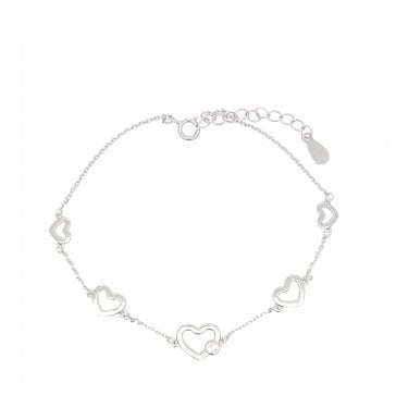 Sterling Silver 5 Graduating Plain Open Hearts in Belcher Link Bracelet 17+3cm