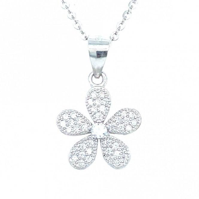 Faith Sterling Silver Sterling Silver 5 Petal Beaded Edge CZ Pave Set Flower Necklace 12mm, 16-18