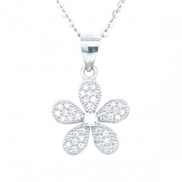 Sterling Silver 5 Petal Beaded Edge CZ Pave Set Flower Necklace 12mm, 16-18"
