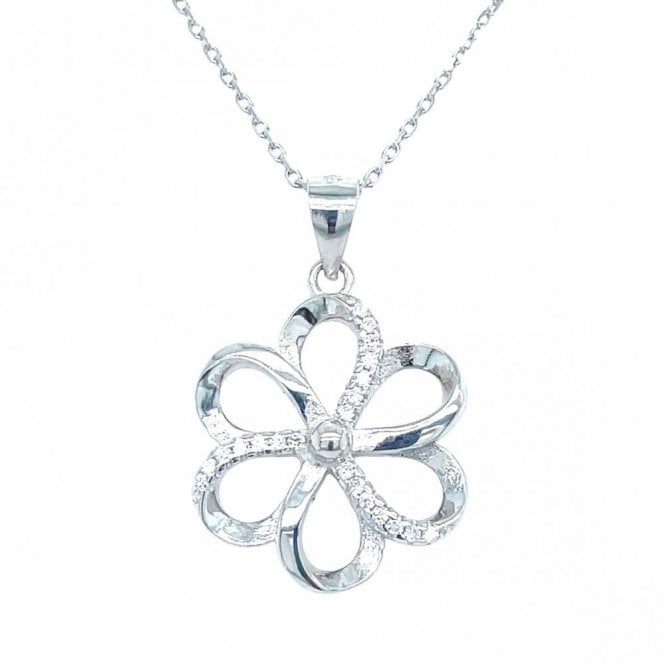Faith Sterling Silver Sterling Silver 6 Petal Open Flower with Triple CZ Row Necklace 18x17mm, 16-18