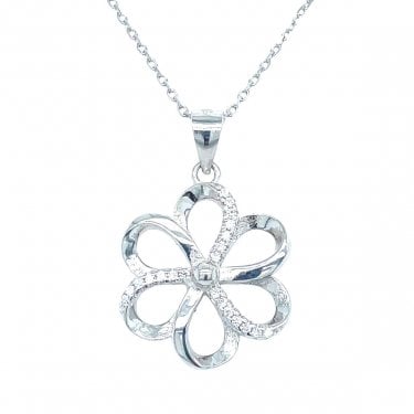 Sterling Silver 6 Petal Open Flower with Triple CZ Row Necklace 18x17mm, 16-18"