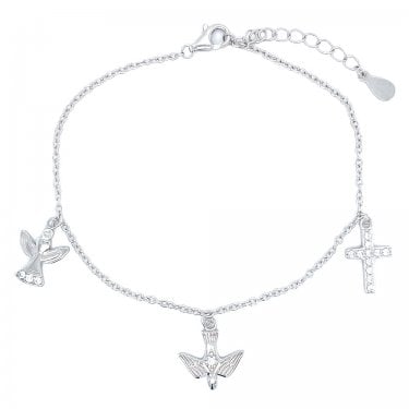 Sterling Silver Angel, Dove & Cross Charm Bracelet 17+4cm