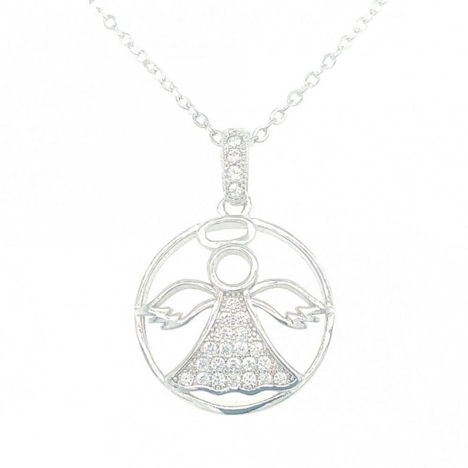 Faith Sterling Silver Sterling Silver Angel with Pave CZ Dress in Oval Outline Necklace 22x15mm, 16-18