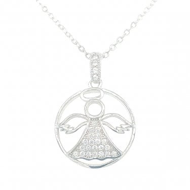 Sterling Silver Angel with Pave CZ Dress in Oval Outline Necklace 22x15mm, 16-18"