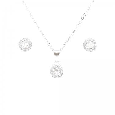 Sterling Silver April Birthstone CZ Halo Necklace & Earrings Set 7x7mm, 16-18"