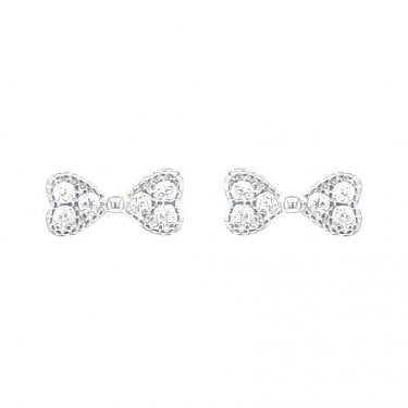 Sterling Silver Beaded Edge CZ Bow Stud Earrings 4x8mm