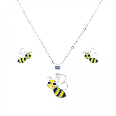 Sterling Silver Bee Enamel Necklace & Earrings Set 7x8mm, 12x10mm, 16-18" 