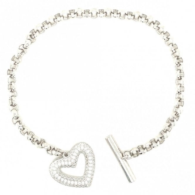 Faith Sterling Silver Sterling Silver Belcher Link Pave Open Heart & TBar Bracelet 16.5cm