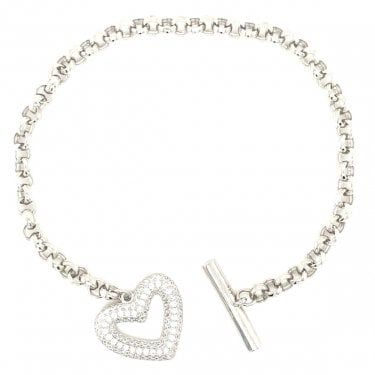 Sterling Silver Belcher Link Pave Open Heart & TBar Bracelet 16.5cm