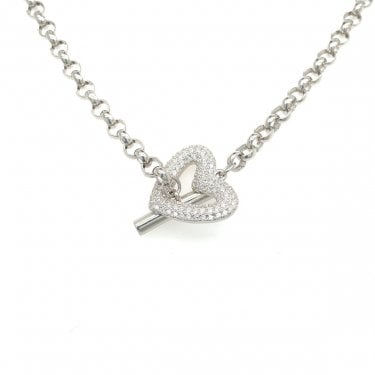 Sterling Silver Belcher Link Pave Open Heart & TBar Necklace 41cm