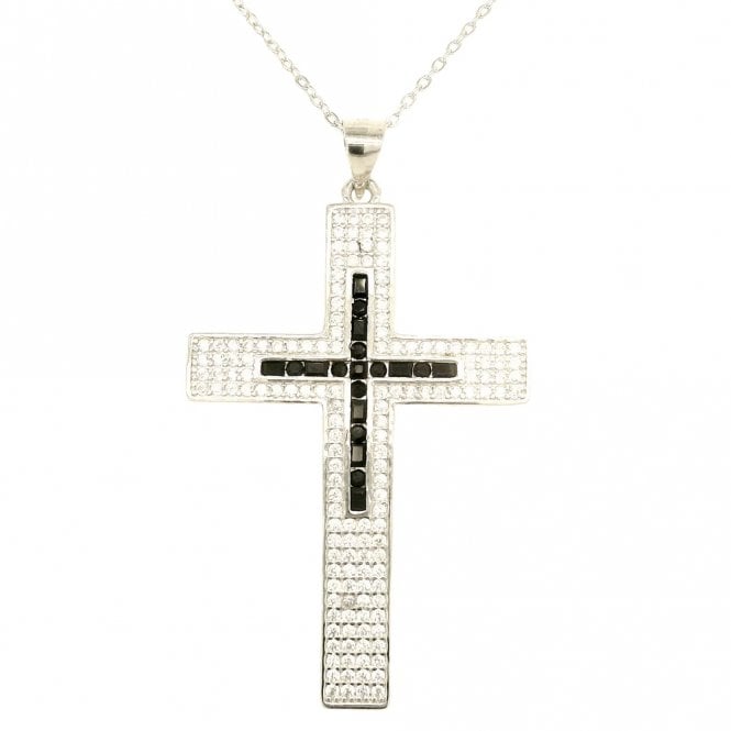 Faith Sterling Silver Sterling Silver Black CZ Centre CZ Cross Necklace 4.9 x 2.9cm, 16-18