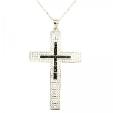 Sterling Silver Black CZ Centre CZ Cross Necklace 4.9 x 2.9cm, 16-18"