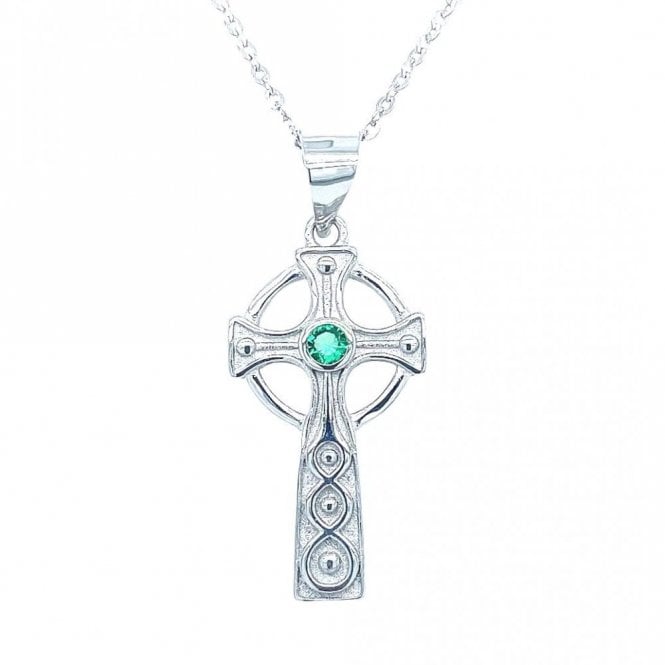 Faith Sterling Silver Sterling Silver Celtic Style Green Stone Centre with Triple Beaded Twist Cross Necklace 22x12mm, 16-18