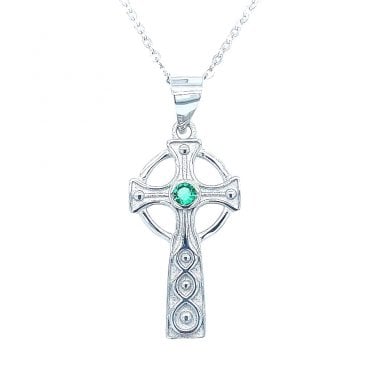 Sterling Silver Celtic Style Green Stone Centre with Triple Beaded Twist Cross Necklace 22x12mm, 16-18"
