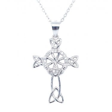Sterling Silver Claddagh Centre with Entwined Trinity Cross Necklace 23x17mm, 16-18"