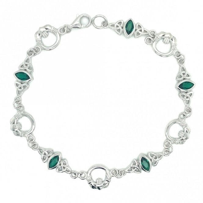 Faith Sterling Silver Sterling Silver Claddagh Rubover Green CZ Celtic Design Bracelet 19cm