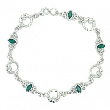 Sterling Silver Claddagh Rubover Green CZ Celtic Design Bracelet 19cm