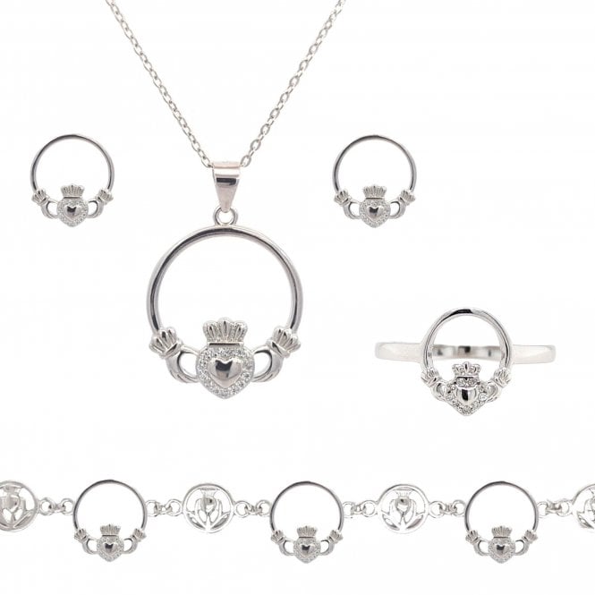 Faith Sterling Silver Sterling Silver Claddagh with CZ Halo Necklace, Earrings, Bracelet & Ring Set 1.9 x 2.1cm, 16-18