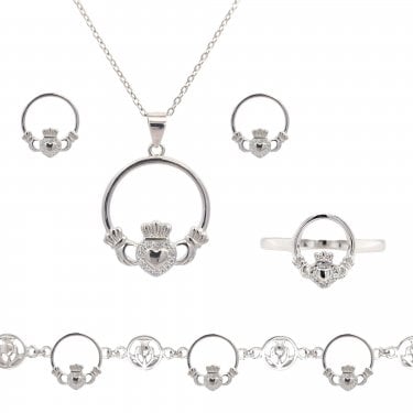 Sterling Silver Claddagh with CZ Halo Necklace, Earrings, Bracelet & Ring Set 1.9 x 2.1cm, 16-18", 1 x 1.2cm, 1.1cm, 18-22cm 