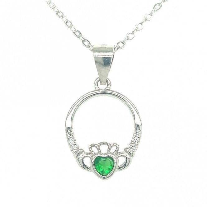 Faith Sterling Silver Sterling Silver Claddagh with Green Stone Necklace 13x12mm, 16-18