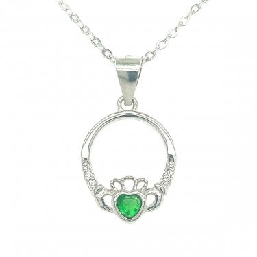Sterling Silver Claddagh with Green Stone Necklace 13x12mm, 16-18" 