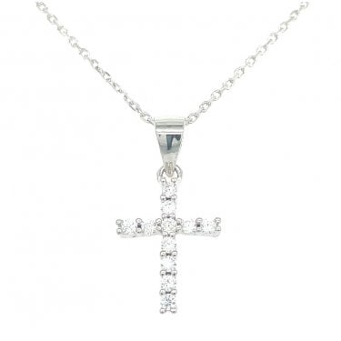 Sterling Silver Claw Set CZ Cross Necklace 14x10mm, 16-18"
