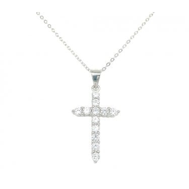 Sterling Silver Claw Set CZ Cross Necklace 22x15mm, 16-18" 