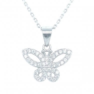 Sterling Silver Claw Set CZ Open Butterfly Necklace 10x15mm, 16-18"