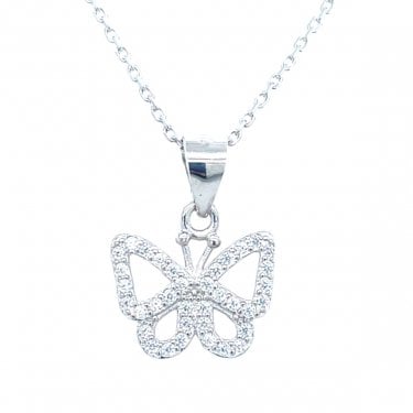Sterling Silver Claw Set CZ Outline Butterfly Necklace 10x12mm, 16-18"